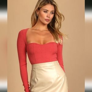 Alluring Aesthetic Rusty Rose Ribbed Long Sleeve Bodysuit